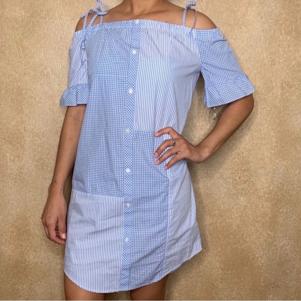 Buffalo David Bitton Blue Striped Off-Shoulder Mini Dress | Blue & White | XS